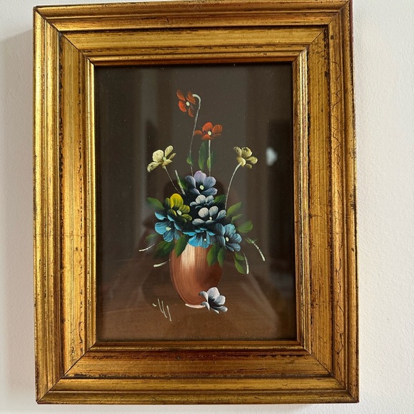Small French Vintage Painting Flower Bouquet in Vase Behind Glass Gold Frame